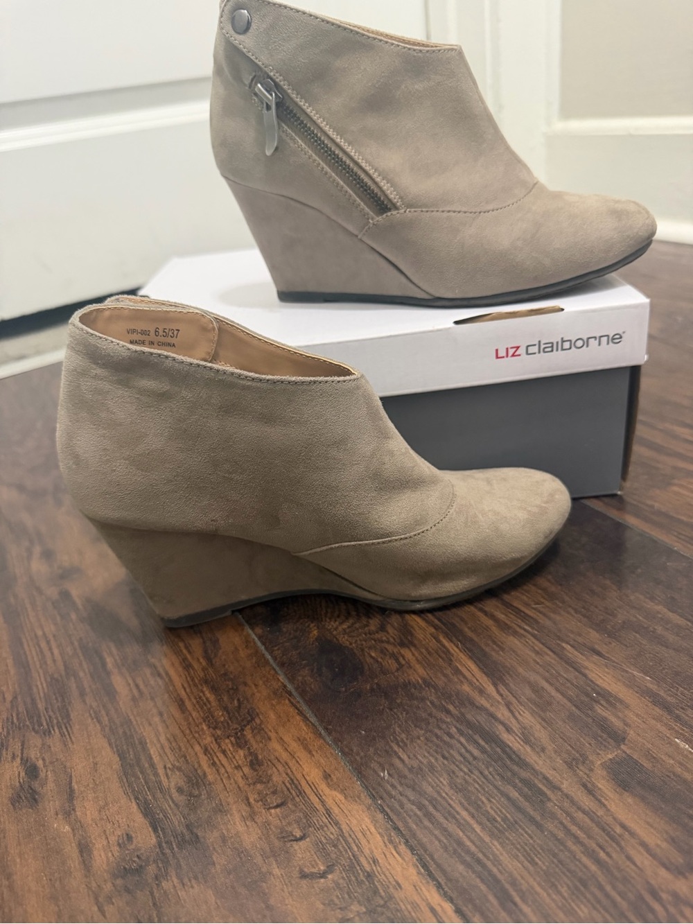 CL by Laundry Taupe Suede Wedge Ankle Booties